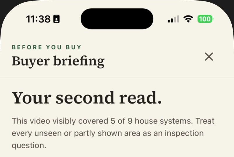A Grainwork buyer briefing on iPhone. It reads: Before You Buy. Buyer briefing. Your second read. This video visibly covered 5 of 9 house systems. Treat every unseen or partly shown area as an inspection question.