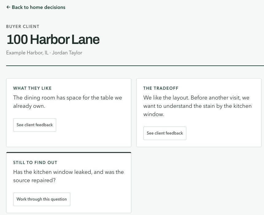 A Grainwork Professionals page for an example home, 100 Harbor Lane. Notes sit with the house: what the buyers like and what is still to find out about a stain by the kitchen window.