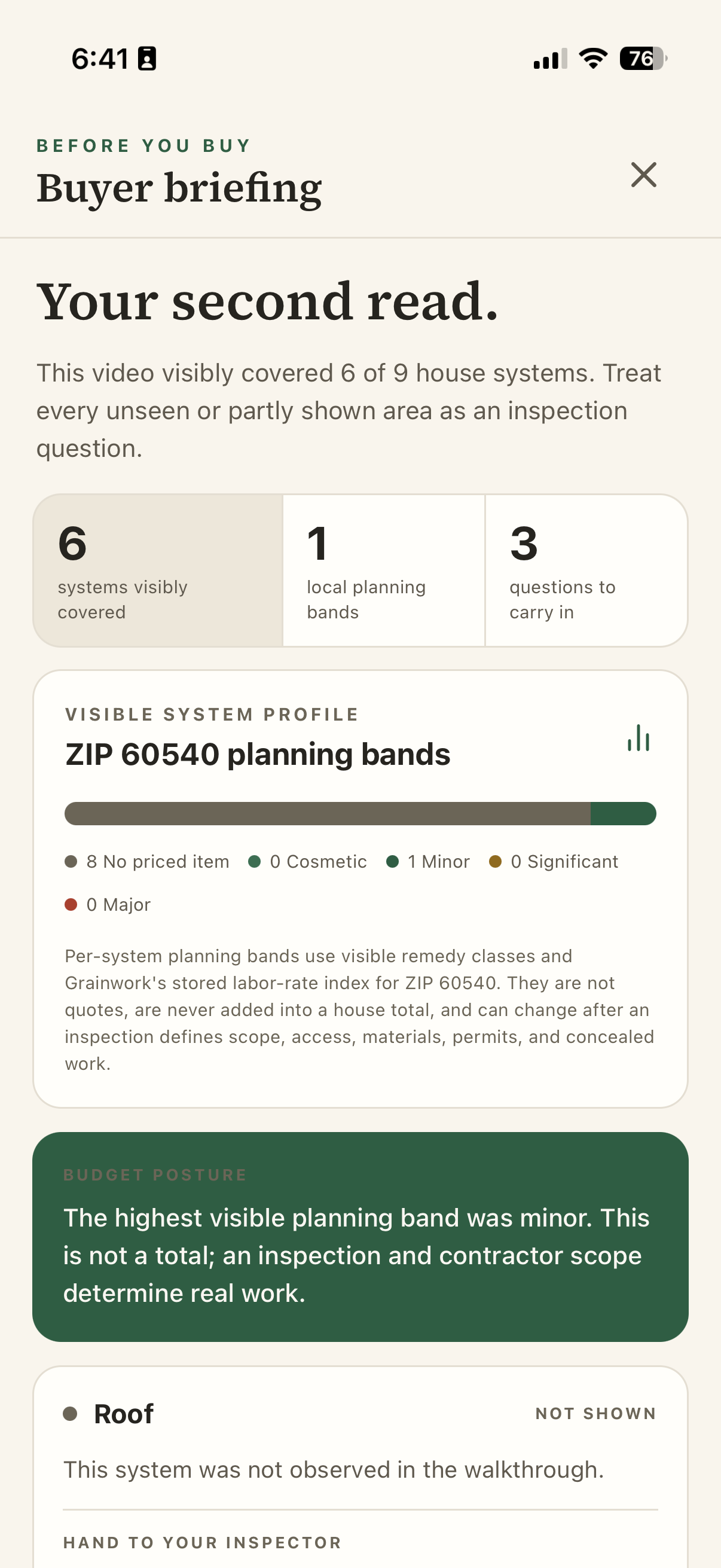 Grainwork Before You Buy screen titled Your second read, with six of nine systems reviewed, one local planning band, and three inspector questions.
