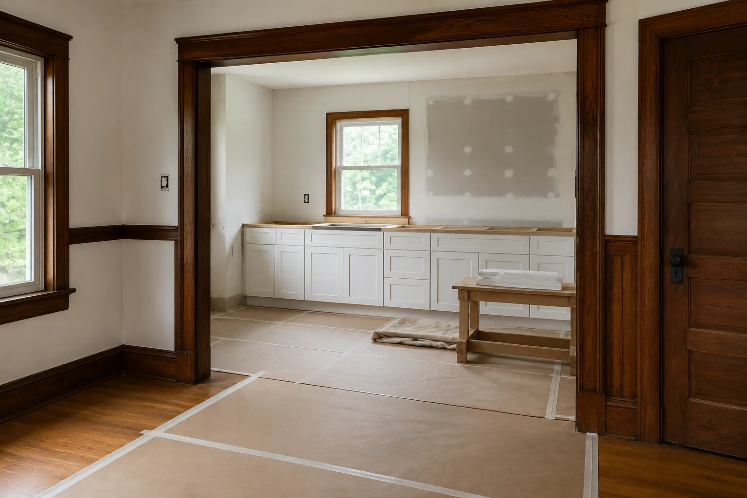 An older kitchen being renovated, with protected floors and cabinets in progress