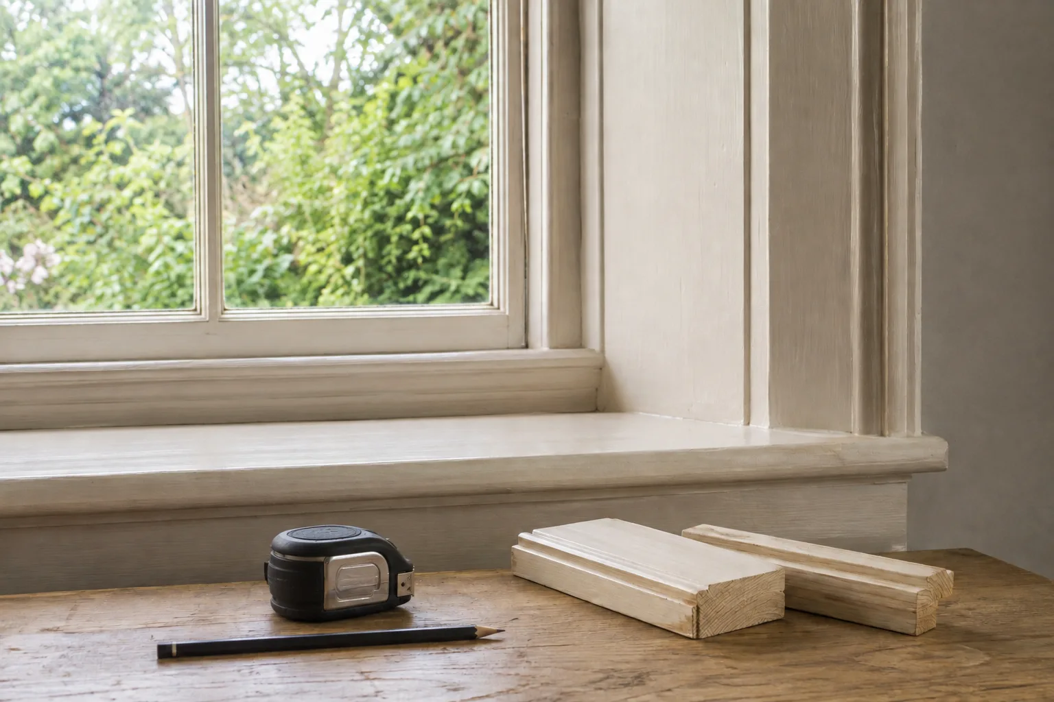 A painted window sill, wood trim samples and measuring tools
