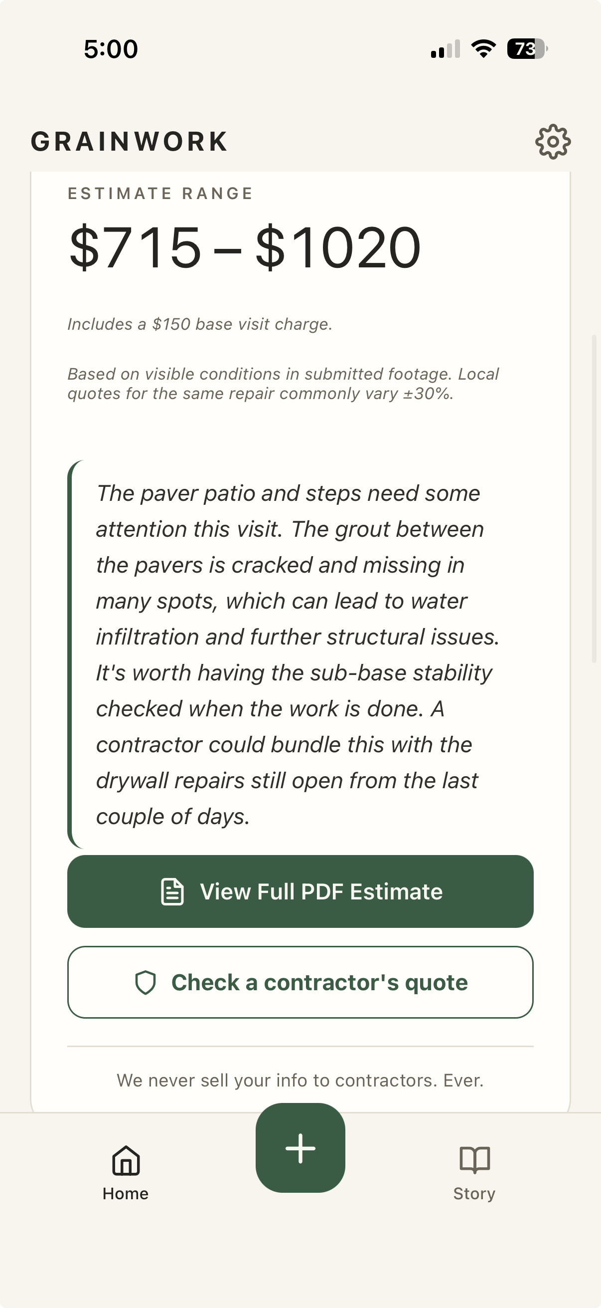 Real Grainwork repair result showing a $715 to $1,020 estimate range and a visible-evidence explanation